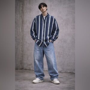 Y2K Vintage Santana Striped Denim Shirt Men’s M Blue White Button Up‎